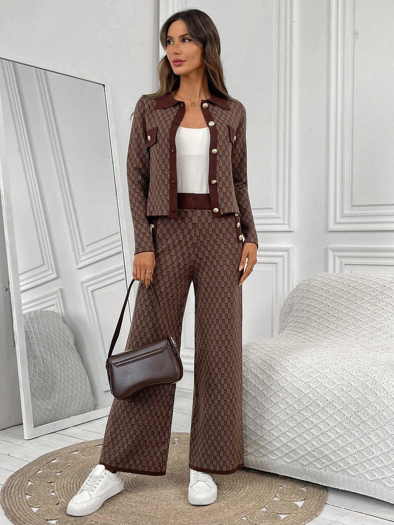 Set of 2 Pieces, Warm Fabric Long-Sleeved Shirt, Front Slit With Snap Button